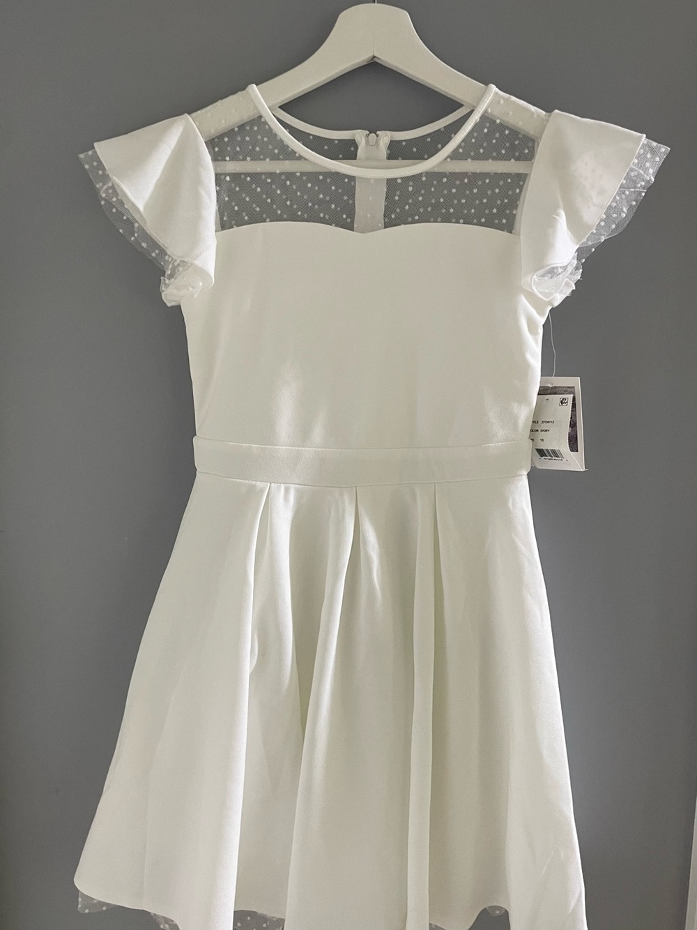 Classic White Girls Party Dress with Polka Dot Mesh Yoke